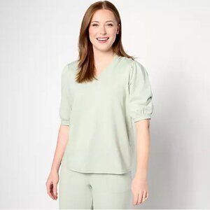 AnyBody Lounge Cozy Knit Puff-Sleeve Hooded Top-Aqia Sage(Light Green)-Large